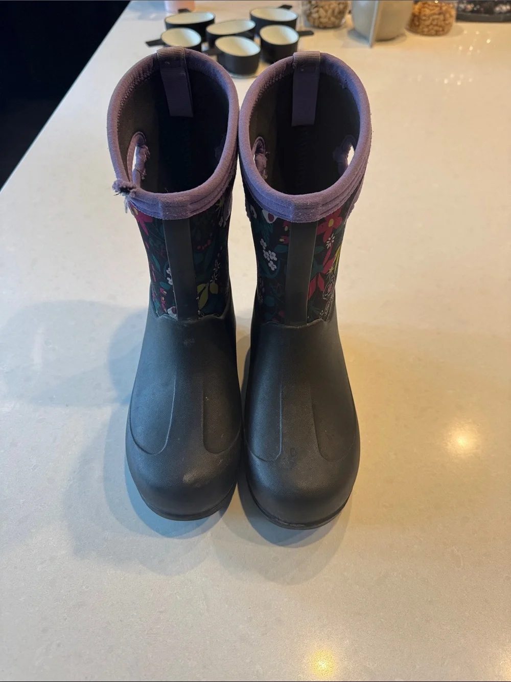 Bogs Black Floral Kids Waterproof Boots with Purple Trim
